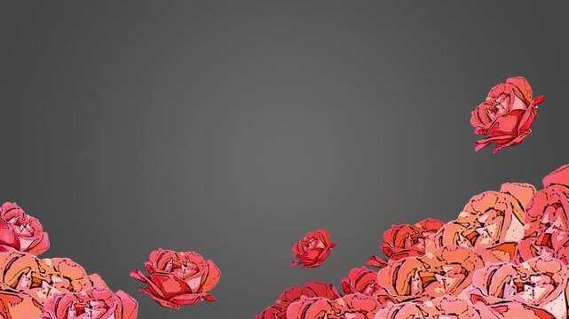 Roses arranged in a clustered border pattern create a visually appealing floral frame on a dark gray background with ample copy space for text.