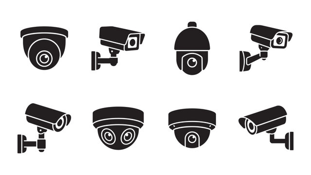 Set of eight black security camera icons isolated on white background.