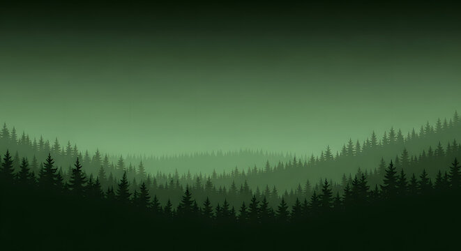 Dense evergreen coniferous forest layers fading into misty green horizon background for atmosphere.