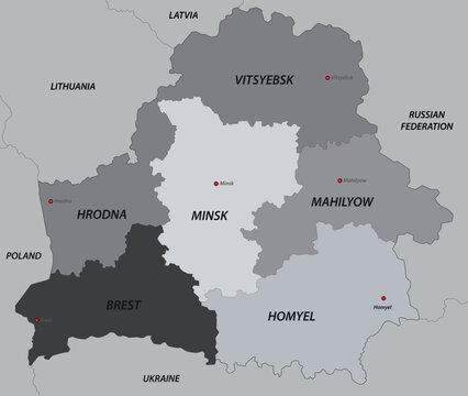 Map of Belarus divided into regions with capital city Minsk highlighted vector 