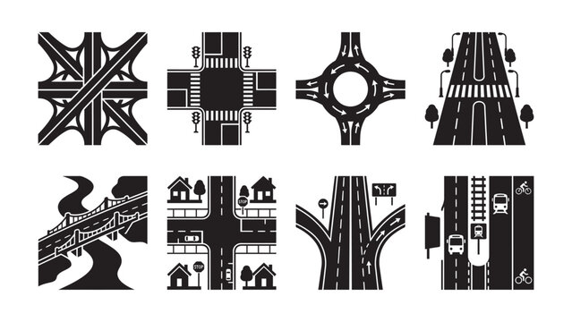 Set of black and white road and highway junction icons.