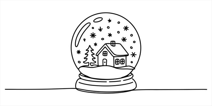 Black and white line art drawing of a christmas snow globe with a small house and a pine tree inside for winter holiday coloring book or design