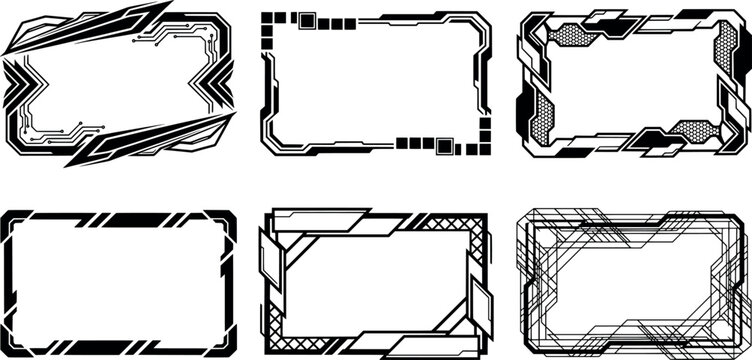 Set of six futuristic scifi digital frames, cybernetic border designs for ui, gaming, and technology interfaces transparent background