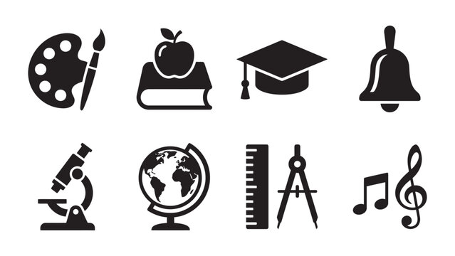 Set of black and white school and education icons.