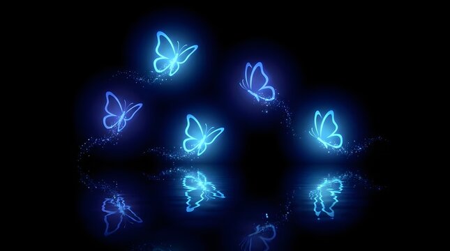 Glowing neon butterflies in flight against a dark black background creating a magical and ethereal nighttime scene
