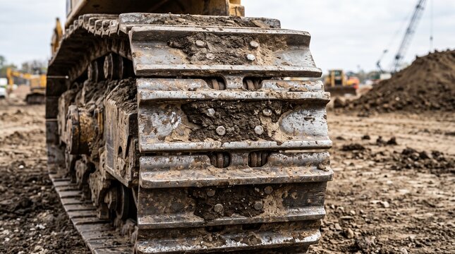 Close‑up bulldozer tracks, heavy metal links caked in mud, rugged industrial texture, active construction site backdrop, workers and equipment, raw power of earthmoving machinery.