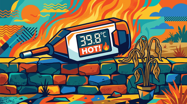 Digital thermometer showing 398 degrees celsius and hot warning amidst flames