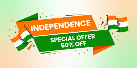 Bright orange and green independence day sale banner with waving Indian flags and confetti on a gradient background © KaziSharmina