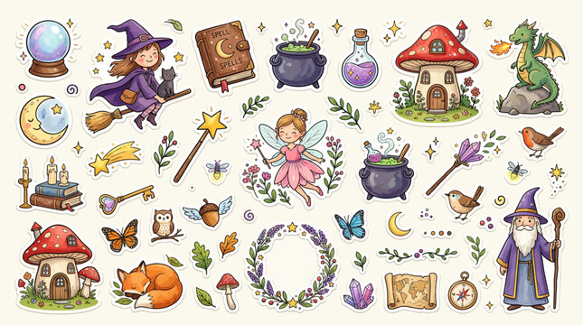 Set of Hand Drawn Watercolor Fantasy Elements and Magical Characters.