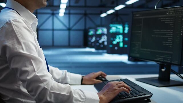 Administrator checks infrastructure performance in a server room, supporting performance oversight, system reliability and reliable infrastructure management