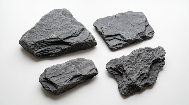 Dark gray shale fragments, layered sedimentary texture, stratified surfaces, compacted clay origin, rough natural detail, geological study subject, fossil potential, minimalist white background, earth