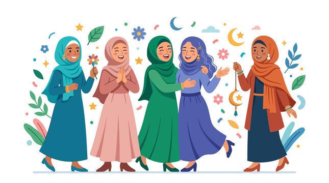 Happy muslim women celebrating eid mubarak, perfect for festive occasion designs, greeting cards, social media posts, cultural illustrations, and posters.