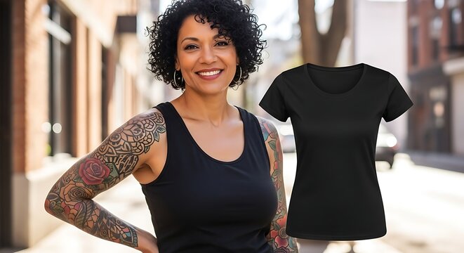 Smiling Tattooed Woman Standing Beside Black T Shirt on Sunlit Urban Street