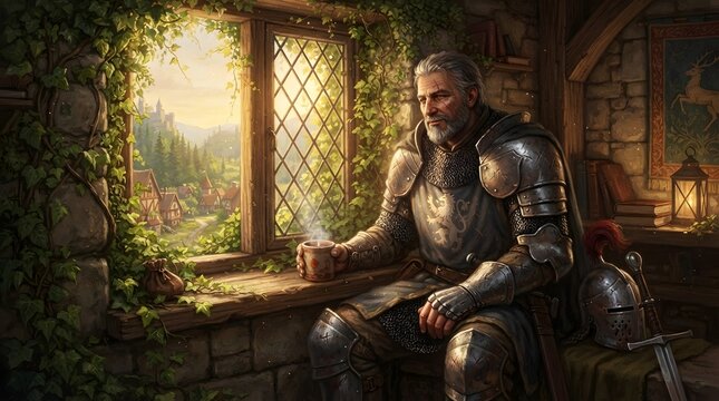 A peaceful digital painting of a heavy-armored knight enjoying a hot cup of tea by a sunlit window wrapped in green vines.