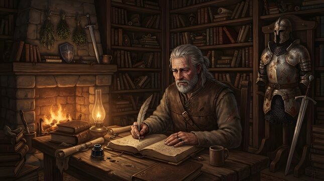 Melancholic digital artwork of an elderly knight writing in a journal inside a cozy library with his battle-worn armor displayed in the corner.