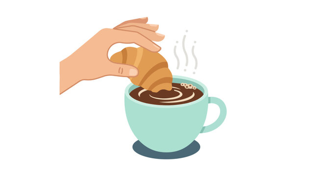 Golden pastry dipped in coffee, hand dunking in blue mug. Suitable for food blogs, coffee shops, bakeries, and cafe advertisements.