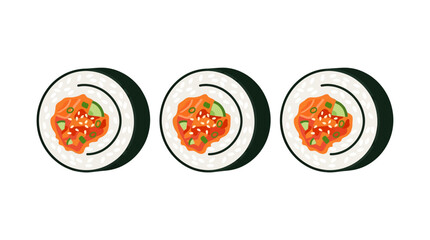 Three salmon maki sushi rolls perfect for food blogs, restaurant menus, japanese cuisine articles, and healthy lifestyle websites. Fresh, delicious, colorful. © Lariss