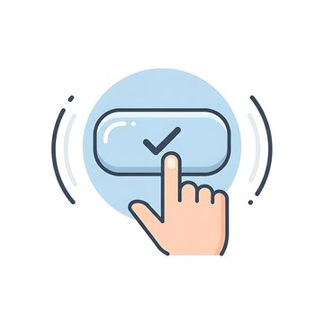 Cartoon Finger Pressing Blue Confirmation Button on White Background