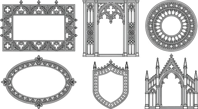 Set of vintage gothic frames and borders, medieval architectural elements, vector illustration transparent background