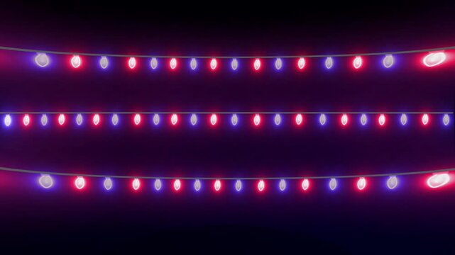 String lights decoration flashes glowing crimson and sapphire event bulb strands. Winter holiday greeting video templates utilize a string lights decoration background template.