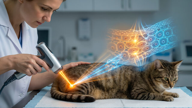 Veterinary Laser Therapy for Feline Tissue Regeneration and Pain Management featuring Cellular Repair Holographs and Non-Invasive Physical Rehabilitation Treatment in a Modern Animal Hospital Clinic