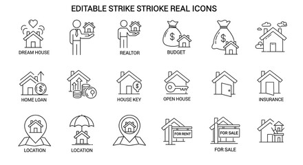 Fototapeta premium Editable Real Estate Line Icons Arranged on White Background