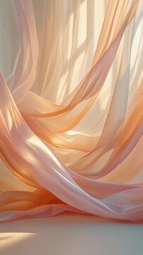 Translucent silk organza layers float in bright minimalist studio with soft iridescent gradients, warm sunlight and flowing sheer textures, creating elegant luxury fashion background.