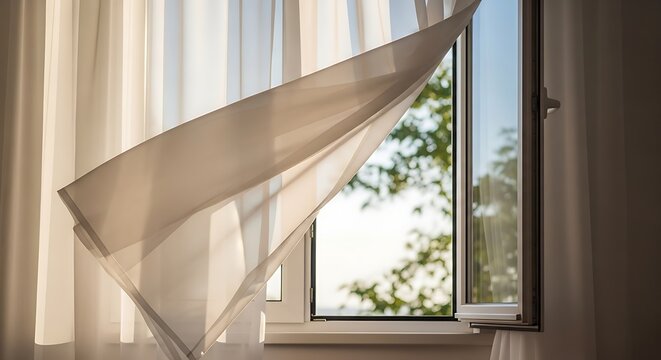 Sheer White Curtain Blowing Beside Open Window in Sunlit Room