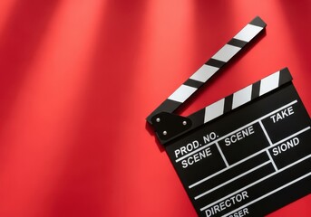 Naklejka premium Professional Film Slate Clapperboard on Vibrant Red Background with Dramatic Lighting and Copy Space
