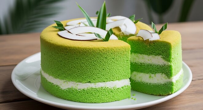 Vibrant Green Layer Cake with Coconut Slices on White Plate