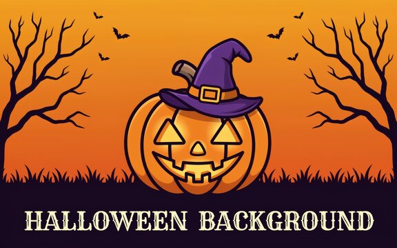 Halloween jack o lantern with witch hat on orange background