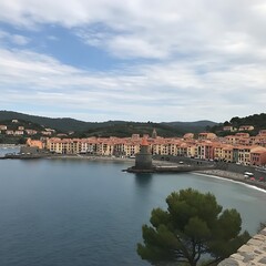 Obraz premium Colorful Coastal Village Resting Beside Calm Mediterranean Bay
