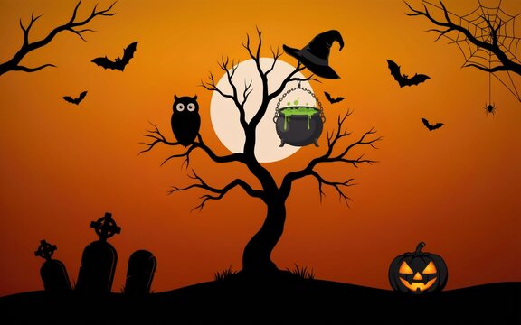 Halloween scene with haunted tree, jack o lantern, and flying bats