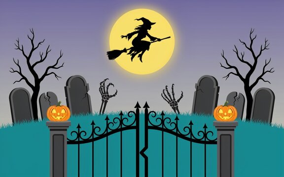 Witch flying over halloween graveyard at night