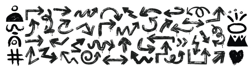 Punk and graffiti style brush drawn doodle shapes. Hand drawn bold brush star, arrow, skull and crown. Graffiti bold brush drawn figures for collages, grunge street art design, rock and roll aesthetic © PerfectDesign