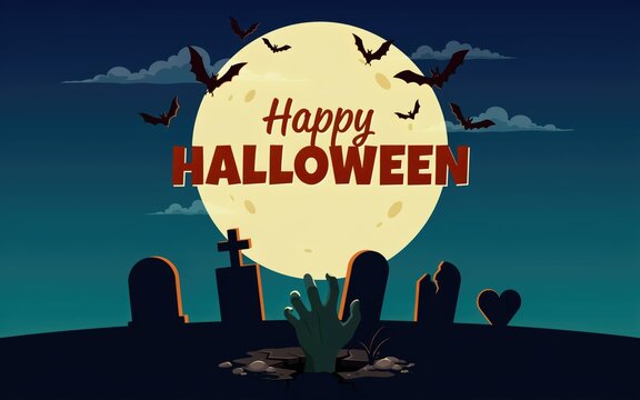 Happy halloween pixel art with moon and graveyard