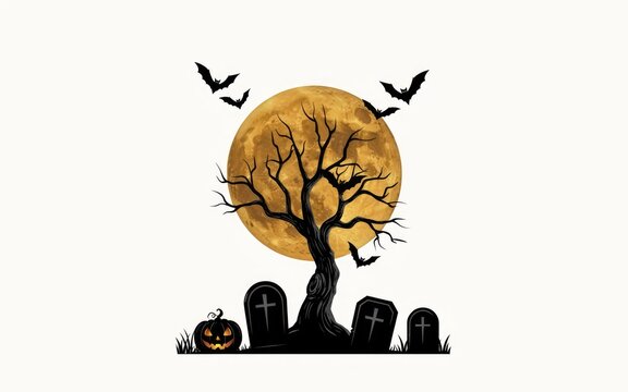 Spooky halloween tree with moon and flying bats