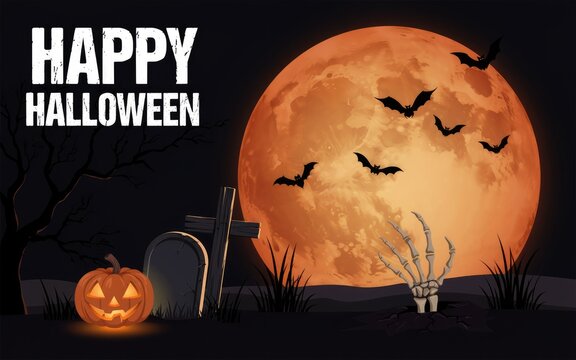 Happy halloween illustration with jack o lantern and bats