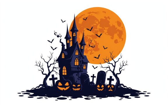 Haunted castle with jack o lanterns under a full moon