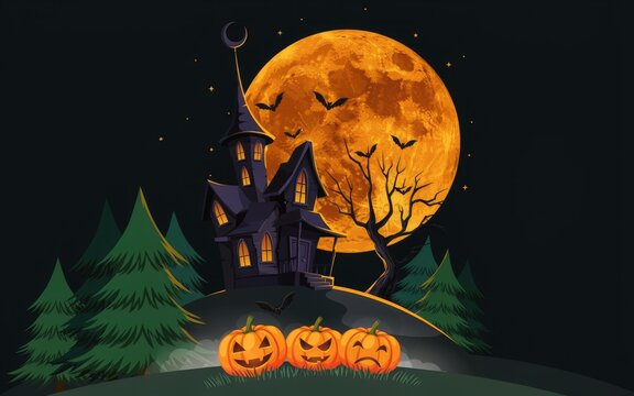 Halloween scene with jack o lanterns under a full moon
