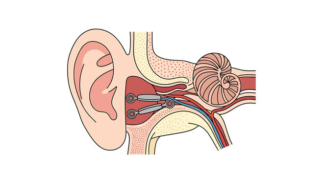 Cross section diagram of the human ear anatomy showing outer middle and inner ear structures.