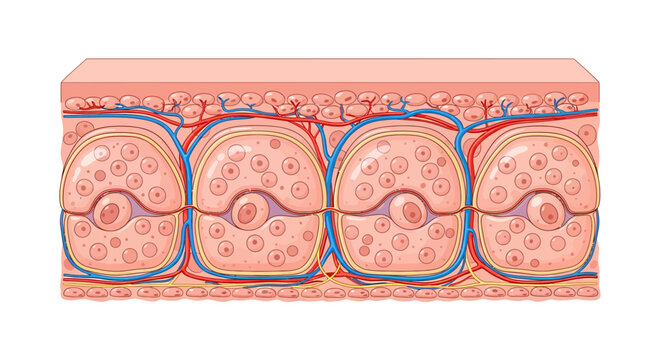 Cross section medical illustration of taste buds in the epithelial tissue layer.
