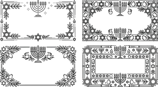 Set of hanukkah frames with menorah, star of david, pomegranate and oil jug, vector illustration transparent background