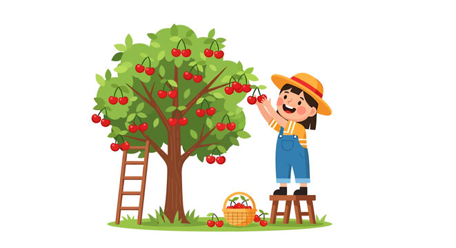 Cute cartoon girl picking fresh red cherries from a tree in the garden illustration.