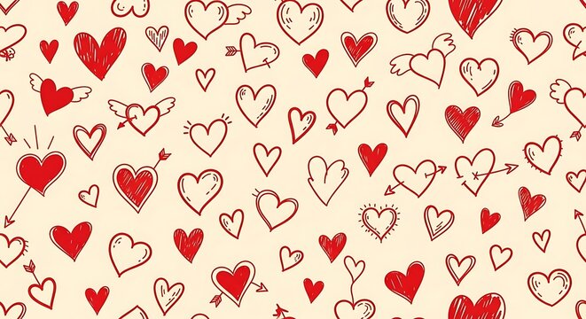 Red Hand Drawn Heart Doodles Arranged on Cream Valentine Pattern Background