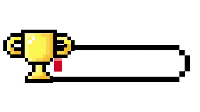 Vibrant golden pixel art trophy alongside a dynamic red progress bar, symbolizing digital achievement and successful completion within a retro gaming interface