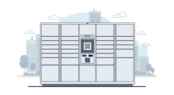 Smart automated delivery locker system for parcel pickup and drop-off with QR code scanner and digital interface against a simplified urban city skyline background in vector style.