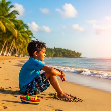 Young Boy Sitting on Sunny Tropical Beach Beside Toy Boat
