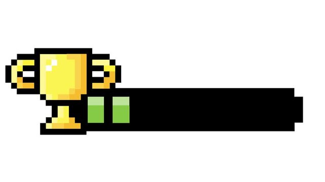 Retro pixel art game achievement with golden trophy and progress bar symbolizing success and accomplishment in a digital quest