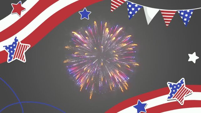 Fireworks display explodes in the center of a graphic background decorated with American flag patterns and festive star ornaments for a national holiday celebration.